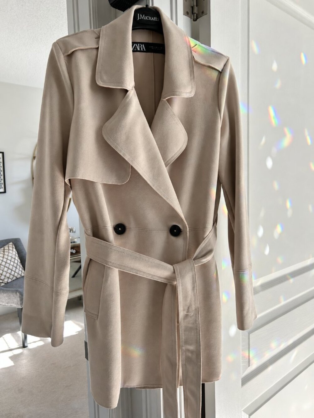 Zara Faux Suede Trench Coat XS – Warm Taupe / Stone